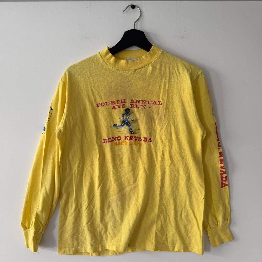 Vintage 80s Hanes Beefy-T AVS Run Reno Nevada Long Sleeve Shirt Yellow Mens M